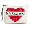 White canvas cosmetic bag with rose heart pattern and Welcome text on the front - Rose Heart Welcome Print (Style 1) / 17*25cm (Linen) with Strap