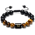 Handmade 10mm tiger eye and matte black bead bracelet featuring gold letter M charm - Style M