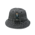 Close-up of bear embroidery and washed denim texture on a dark grey bucket hat - M(56-58cm) / Black
