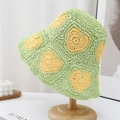 Foldable straw sun hat with green crochet design and yellow heart patterns on wooden stand - One Size (54-58cm) / Emerald Green