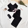 Elegant black ice silk pajama set with pink trim and satin bow detail for women - S / Black + Eye Mask