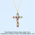 Gold plated cross necklace with multicolored gemstones and adjustable titanium steel chain - Cross No.47 Gold (A1323)