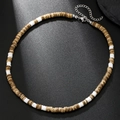 Bohemian style men's necklace with brown and white beaded clay and wood cylinders - Brown/White Cylinder Beads (ZJ12767)