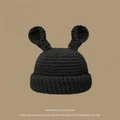 Handmade black knit beanie with long rabbit ears in minimalist aesthetic style - One Size / Rabbit Ear Hat Black