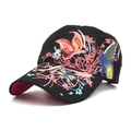 Detail of colorful butterfly and flower embroidery with sequins on black baseball cap - M (56-58cm) / Black