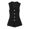 Women's black sleeveless romper with sparkling rhinestone buttons on a flat white background - S / Black
