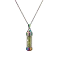 Detail view of rainbow-colored metal perfume bottle necklace with green crushed stones - Green Stones