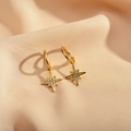 Makro-Detail goldener Stern-Ohrringe mit Zirkon-Inlay auf edlem Seidenstoff - Hexagramm / Gold