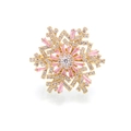 Rotating gold snowflake brooch with pink and clear crystals on a white background - Gold Pink Brooch