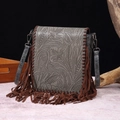 Vintage gray bohemian crossbody bag with floral embossing and long brown tassels - Gray