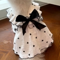 Detail of white dog dress with black heart prints, large bow and metal D-ring attachment - S (Bust 35cm) / Black Heart Dress