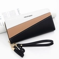 Minimalist long zip wallet for women featuring tricolor patchwork and bear charm - Black/White