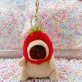 Plush capybara keychain with strawberry hat decoration on colorful foam beads - Strawberry Hat Light Brown + Gold Clip