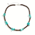 Detail view of Bohemian coconut shell and turquoise beaded necklace with lobster clasp - Turquoise Square
