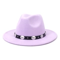 Detail of lavender wool fedora hat featuring black leather belt with silver metal studs - Pink Purple