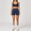 Ensemble de yoga deux pièces bleu foncé avec surpiq coutures blanches, brassière et short taille haute - S / Haut Et Bas / Bleu Marine