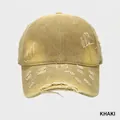 Distressed vintage khaki baseball cap with ripped details and cotton twill texture - Khaki