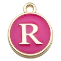 Golden round pendant with rose red enamel and capital letter R for DIY bracelets - Letter R / 1 Piece (12x14mm) / Rose Red