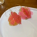 Detailed close-up of pink flower earrings with gold metal edges on a white ceramic plate - Pink Ear Hook