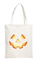 White canvas Halloween tote bag featuring a vibrant glowing orange pumpkin face print - White-A