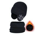 Winter black knit beanie and neck warmer set with warm fleece lining and snowflake pattern - Black