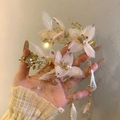 Elegant floral hair clip with pink silk petals, pearls, and golden tassel details - Duckbill Clip-Pair Set / Gold-Pink