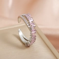 Silver adjustable double band ring with rectangular pink and round white stones - Double Layer Crossover / Pink Zirconia White Gold Plated