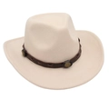 Close-up of cream western cowboy hat with brown leather belt and metal buckle details - Beige (with Decorative Band)