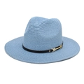 Close-up of light blue straw fedora weave texture with black ribbon and gold buckle - M (56-58cm) / Sky Blue