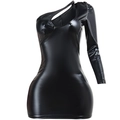 Sexy black PU leather one-shoulder bodycon dress with long sleeve and glossy finish - S / Black