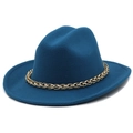 Dark blue felt fedora hat with gold metal chain trim in a stylish 45-degree angle view - M (56-58cm) / Teal