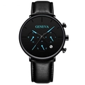 Geneva men's quartz watch with black leather strap, date display and blue luminous hands - Litchi Texture Leather Strap Style / Black Leather Strap / Blue Hands (Printed)