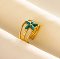 Macro detail of bohemian 304 stainless steel open ring with blue stone and gold floral texture - Adjustable Open / Gold-Turquoise