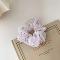 White organza floral scrunchie with pink cherry prints and light mesh texture - Ripe Cherry Apricot