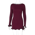 Tight burgundy long sleeve dress with ruffled hem and black trim on round neck - XS / Burgundy