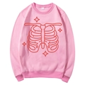Pink fleece hoodie with red skeleton rib cage and star print in size M laid flat - S / Tops / Pink (Red Skeleton Print)