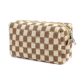 Brown and beige checkered knit makeup bag with top silver zipper closure - Khaki Plaid