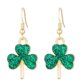 Pendientes de trébol dorado con purpurina verde esmeralda para el día de San Patricio - Pendientes de Doble Hoja Esmeralda (K-075)