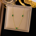 Elegant gold chain necklace featuring three rectangular emerald-green zircon pendants - [XLH360] Green Zirconia Necklace Gold