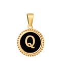 18K gold plated necklace pendant with black enamel letter Q and beaded edge - Letter Q
