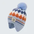Light blue knit baby hat with dinosaur pattern, pom-pom detail, and ear protection flap - Color-blocked Rhombus / Light Blue