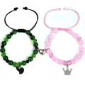 Magnetic couple friendship bracelets with green music note and pink crown charms - Adjustable Cord Style C (款式-C)