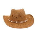 Cappello da cowboy in paglia intrecciata marrone chiaro con perle di conchiglia a cuore - Cachi (Perline a Cuore Bianche)