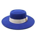 Detailed view of dark blue wool felt boater hat with cream ribbon and wide flat brim - M (56-58cm) / Royal Blue with Beige Ribbon