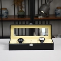 6-slot black PU leather watch box with glass lid and contrast stitching - 6 Slots