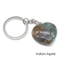 Polished Indian agate heart keychain with silver ring and natural green-red stone texture - India Agate