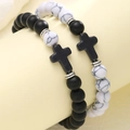 Set braccialetti coppia cuore e croce con perline nere opache e marmo bianco - Stile con perline a croce (5989701HB)