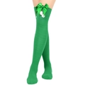 Detail of green Christmas over-knee socks with velvet bow and white fuzzy pom-poms - One Size / Green Bowknot With White Pompom / Green