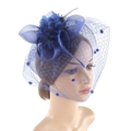 Elegant royal blue fascinator hat with vintage mesh veil and floral feather details - Blue