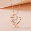 Rose gold heart pendant necklace with sparkling white zircon and detailed pave setting - Rose Gold Double Heart Necklace Xl-44
